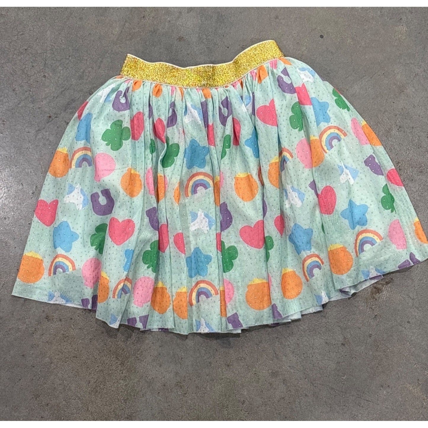 Girls Rainbow & Clover Print Tulle Skirt L 100% Polyester Gold Elastic Waist