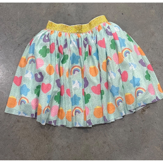 Girls Rainbow & Clover Print Tulle Skirt L 100% Polyester Gold Elastic Waist