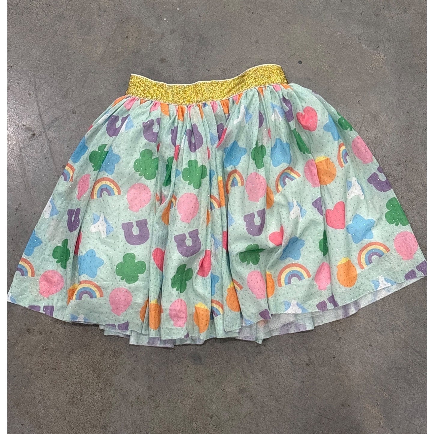 Girls Rainbow & Clover Print Tulle Skirt L 100% Polyester Gold Elastic Waist