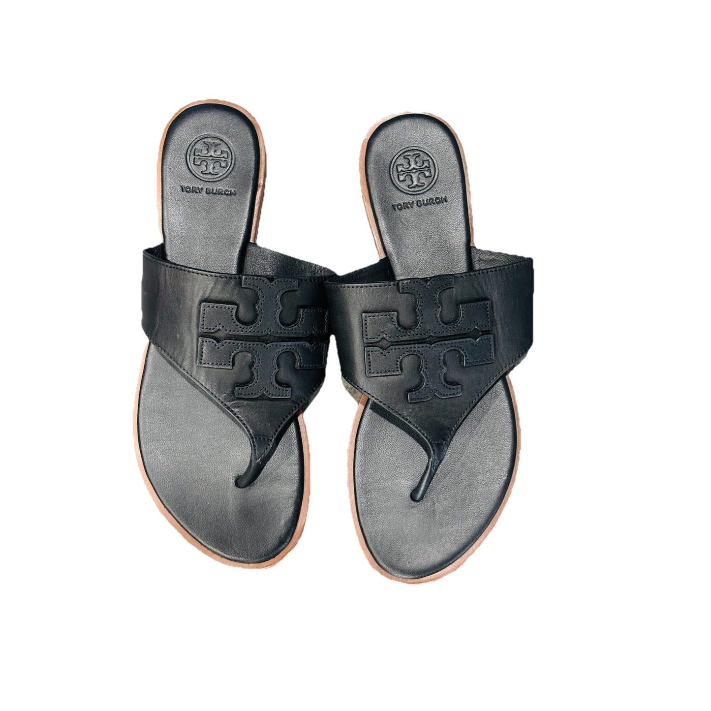 Tory Burch JAMIE Weston Embossed Logo Thong Sandals in Black US 7