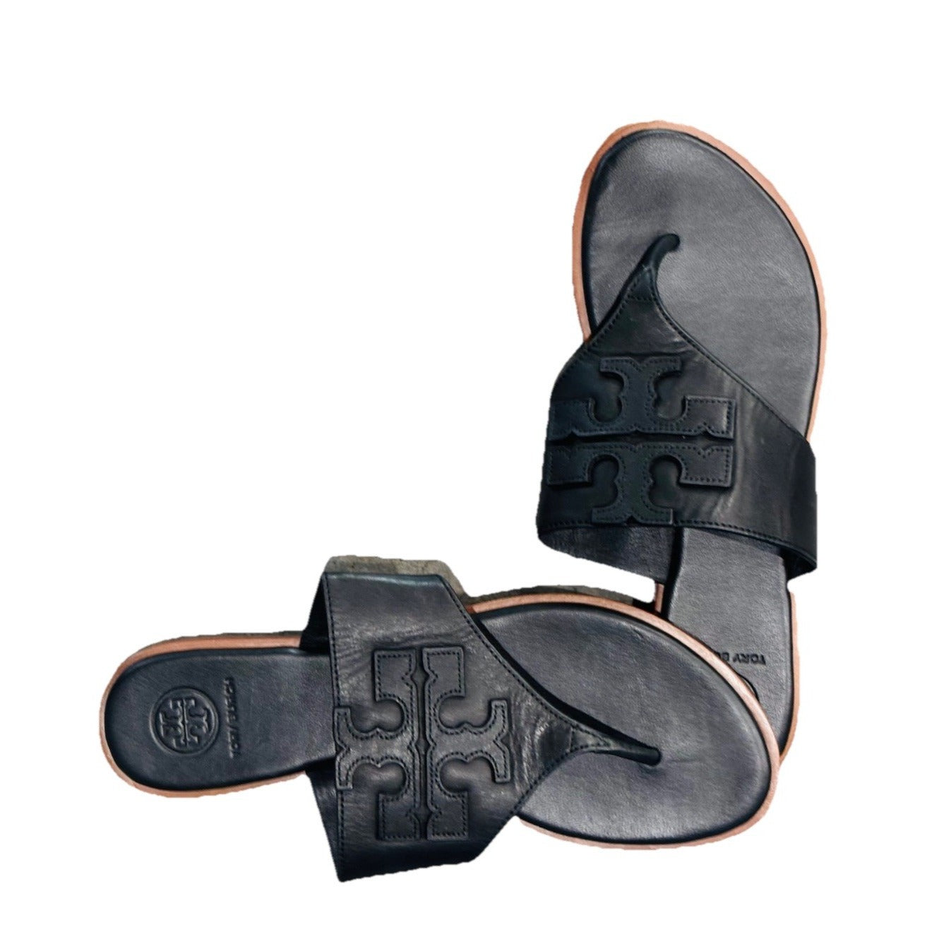 Tory Burch JAMIE Weston Embossed Logo Thong Sandals in Black US 7