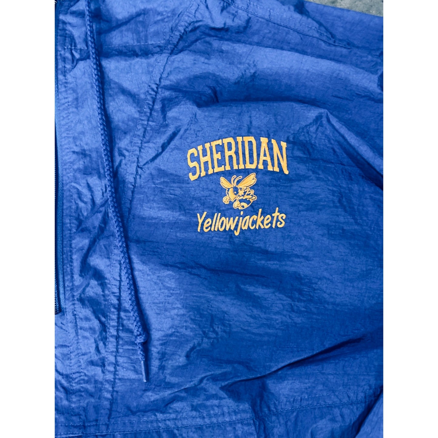 Sheridan Yellowjackets Windbreaker Jacket L Blue Hooded Pullover Jerzees Nylon