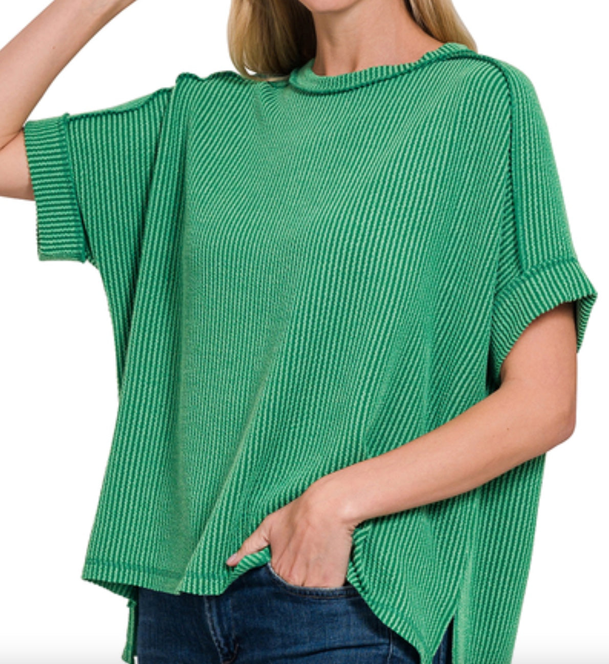 Zenana Raised Rib Cuff Sleeve Raw Edge Top