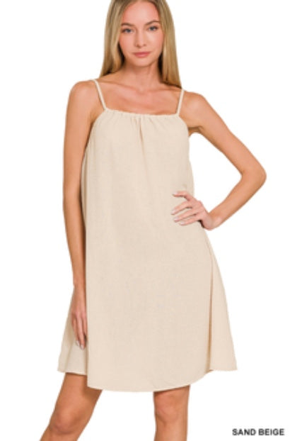 Zenana Woven Airflow Mini Dress in Sand