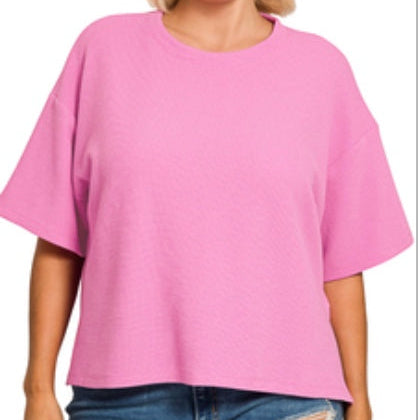 Zenana Plus double knit side slits hi low short sleeve top Pink