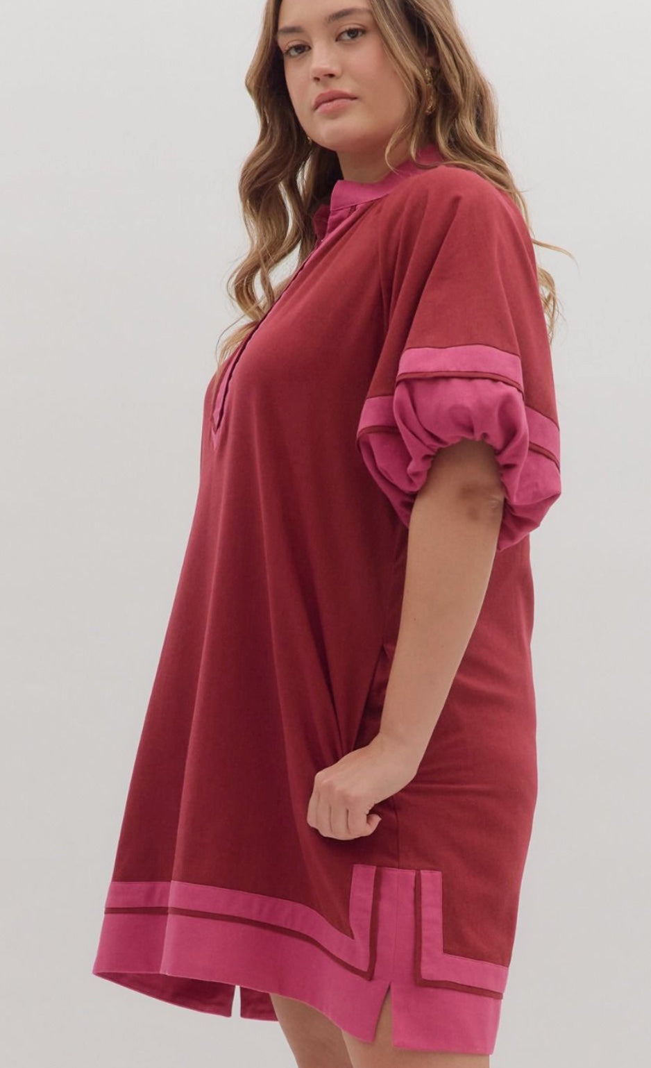 Entro Plus Size Solid Contrast Lantern Sleeves Slit Hem Split Collar Pockets Lined Dress