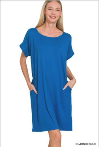 Zenana Rolled Short Sleeve Round Neck Dress Blue