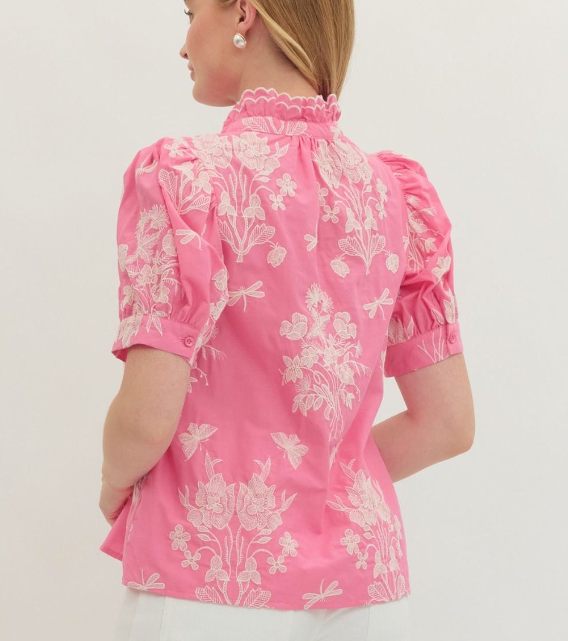 Entro embroidered Short Puff Sleeve Top Scalloped Ruffle Mock Neck in Pink