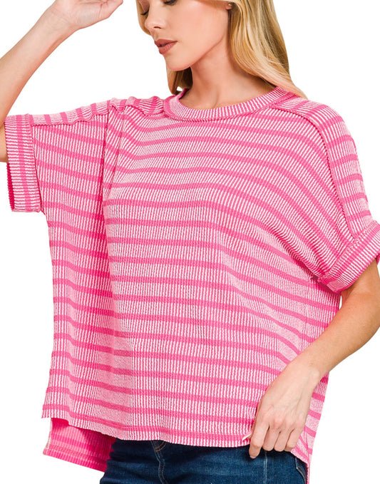Raised rib striped exposed seam top Hot Pink