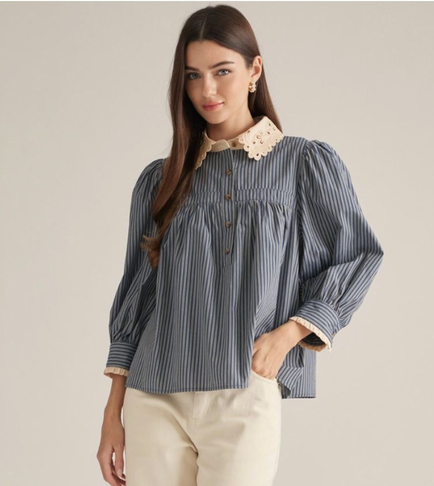 Entro Stripe Long Puff Sleeve Top With A Contrast Eyelet Shirt Collar And Partial Button Closure