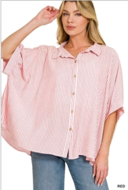 Zenana Woven Stripe Button Down Boxy Top Red