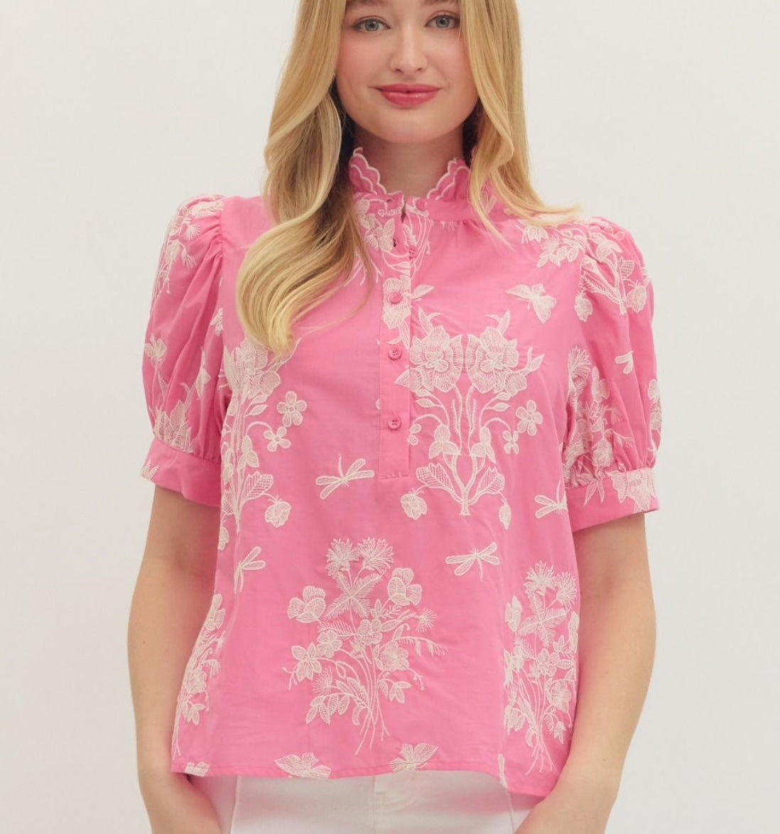 Entro embroidered Short Puff Sleeve Top Scalloped Ruffle Mock Neck in Pink