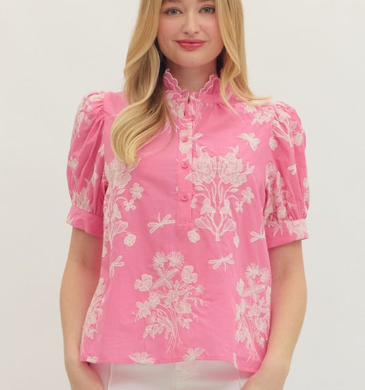 Entro embroidered Short Puff Sleeve Top Scalloped Ruffle Mock Neck in Pink