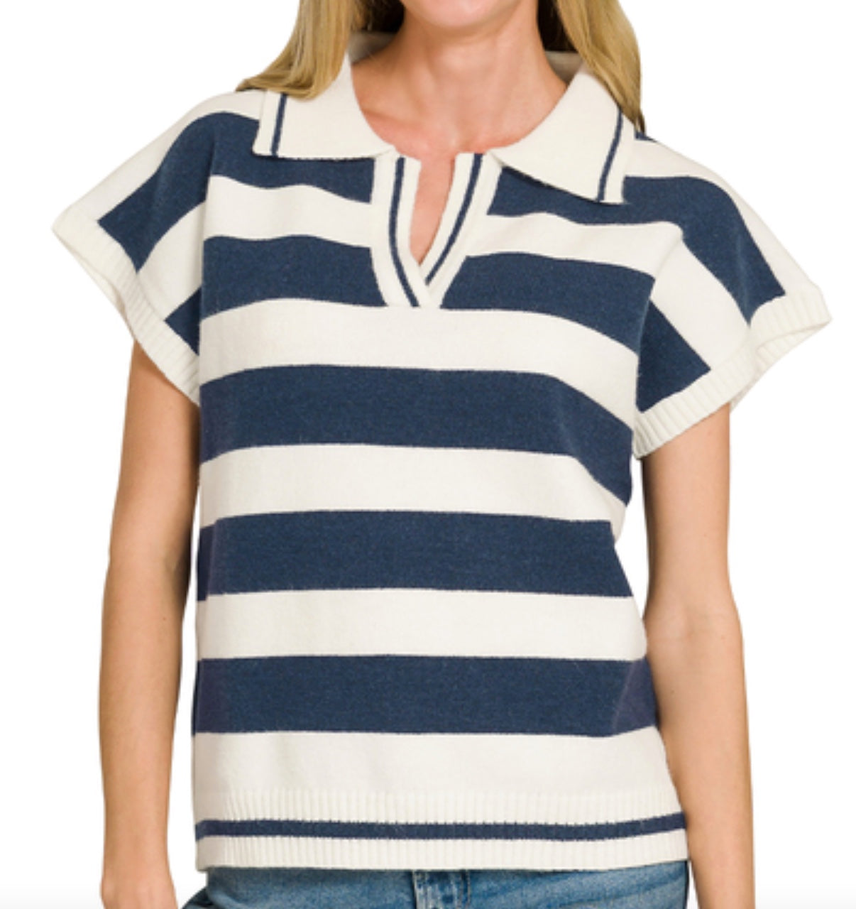 Zenana Striped Collared Short Sleeve Sweater