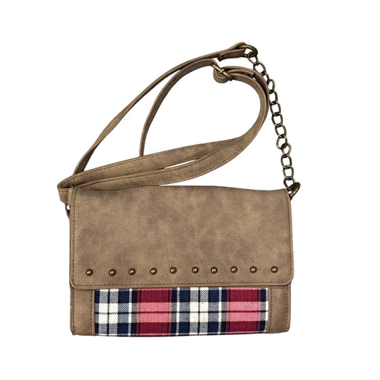 Faux Leather Crossbody Bag With Plaid Accent & Brass Studs
