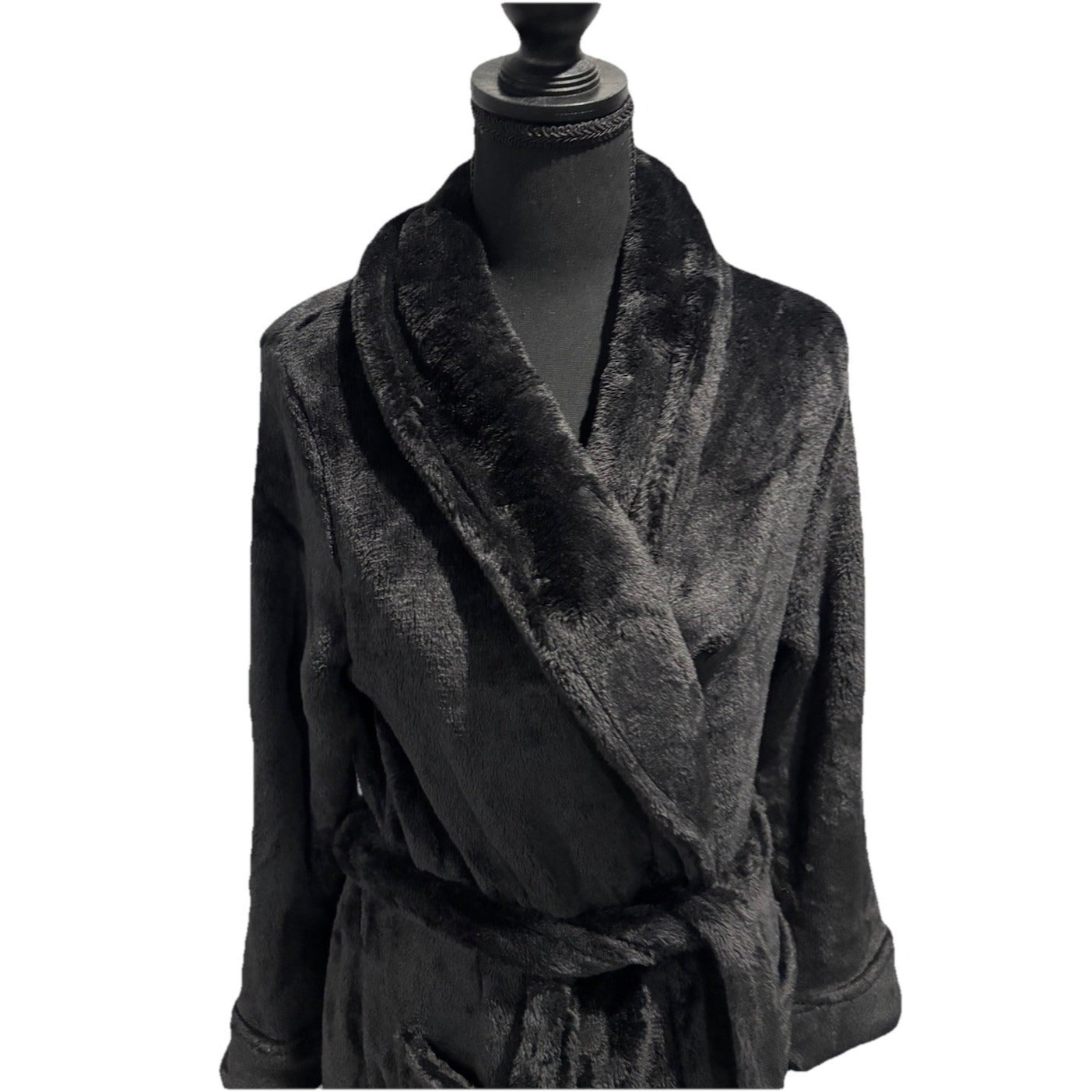 Joyspun Plush Robe Bathrobe Women's  M 8-10 Black Midi House Coat Minky Pockets