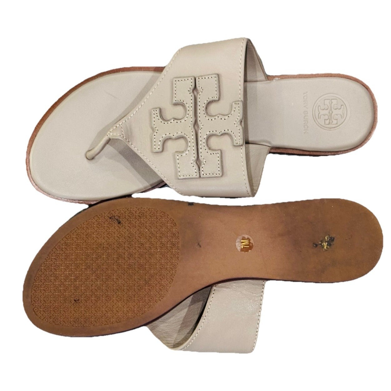 Tory Burch JAMIE Weston Embossed Logo Thong Sandals in Tan US 7