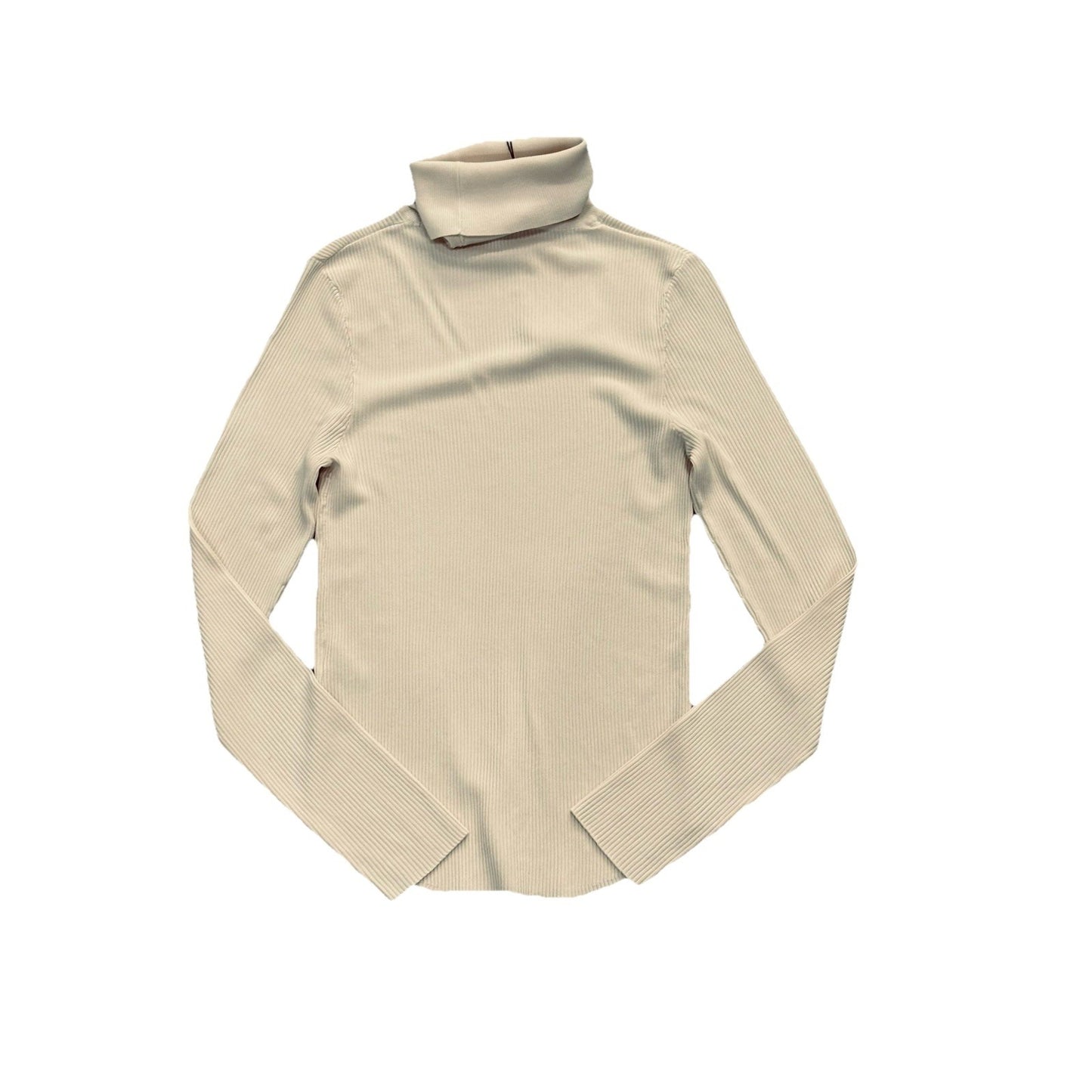 Zara Turtleneck Long Sleeve Knit Shirt Womens M Ivory Ribbed Stretch