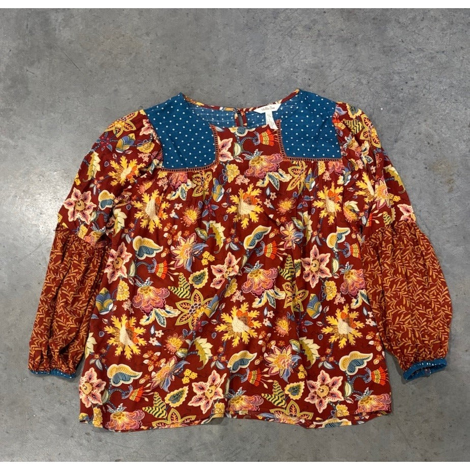 Matilda Jane Top Womens Medium Garden Mums Floral Peasant Blouse Boho Sleeve M