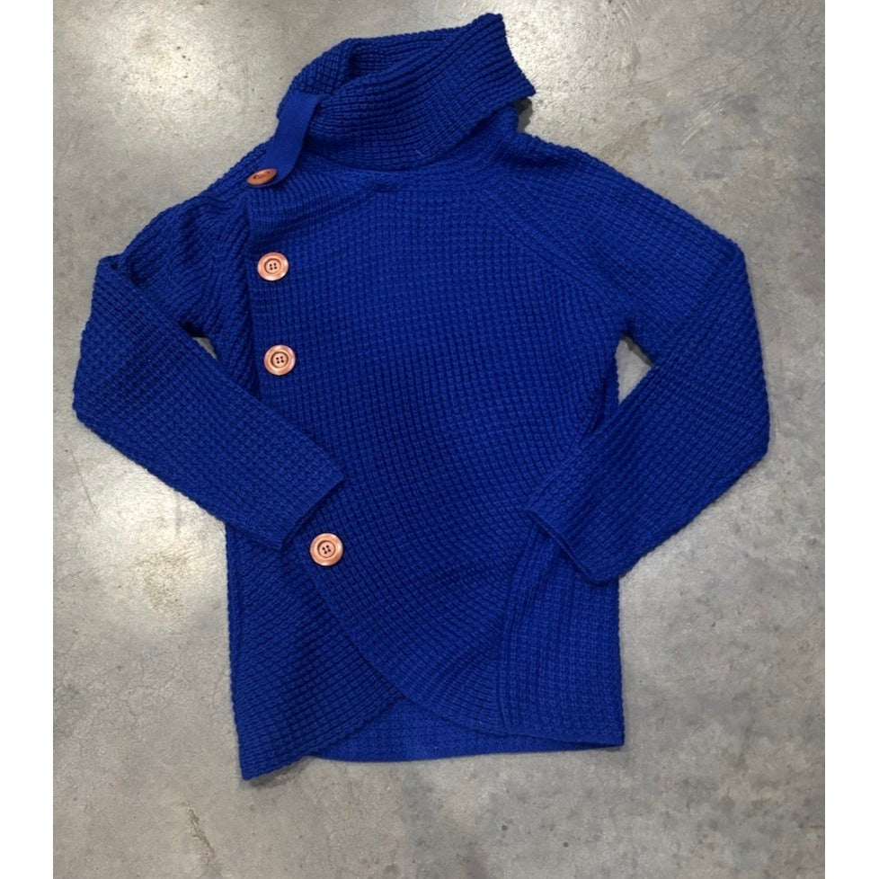 Grecerelle Cowl Neck Sweater Women’s M Navy Chunky Knit  Large Button Cozy