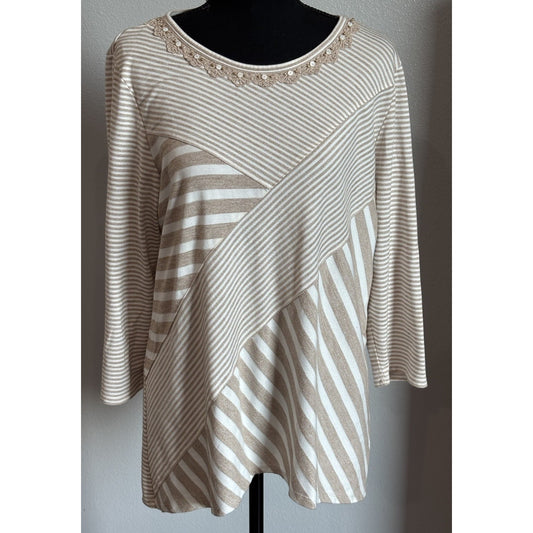 Alfred Dunner Top Women's M White Brown Stripe 3/4 Sleeve