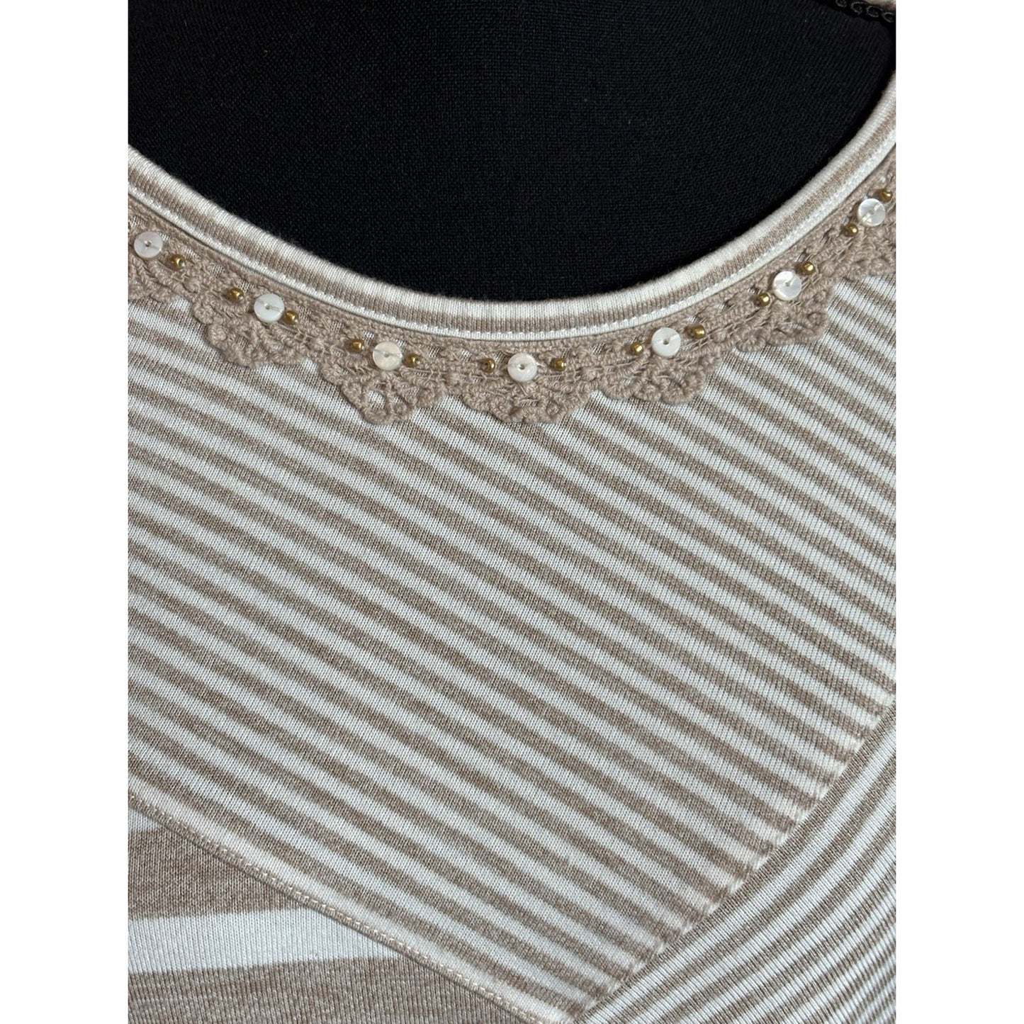 Alfred Dunner Top Women's M White Brown Stripe 3/4 Sleeve