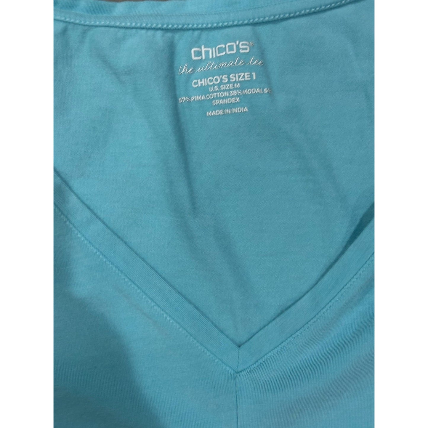 Chicos T Shirt Womens 1 Cyan Blue True Color Tees V Neck Long Sleeve Classic