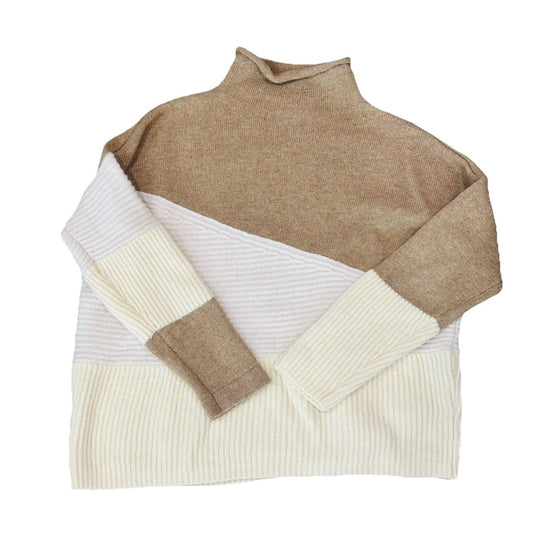 French Connection Wool Blend Neutral Patchwork Funnel Neck Sweater