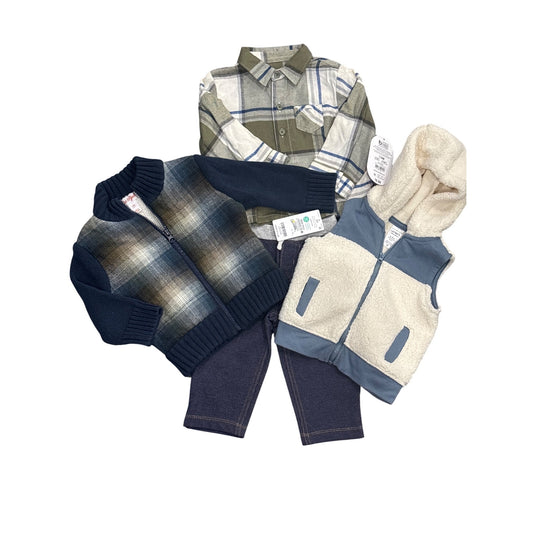 Baby Boys 3-Piece Outfit Set: Plaid Shirt Knit Jacket & Sherpa Vest  Size 12M  Carters & Cat & Jack  Cotton Polyester