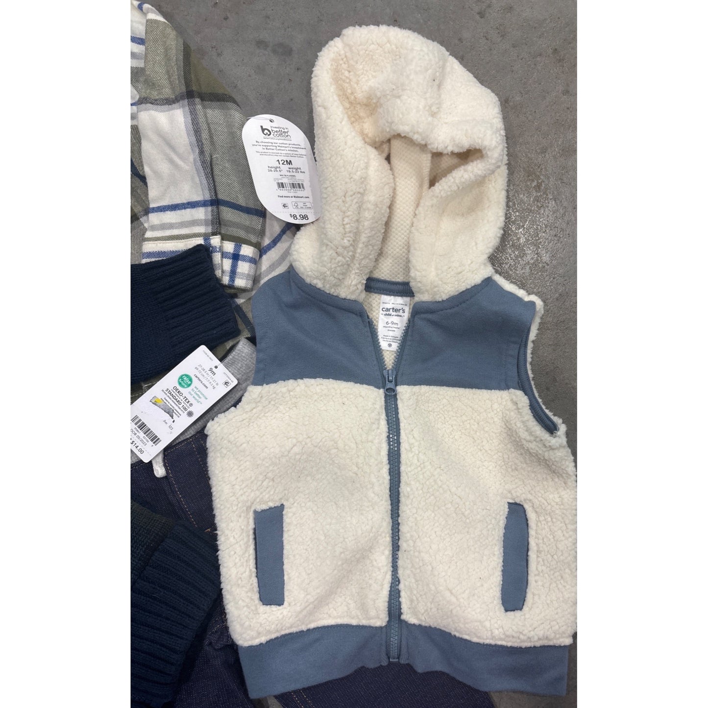 Baby Boys 3-Piece Outfit Set: Plaid Shirt Knit Jacket & Sherpa Vest  Size 12M  Carters & Cat & Jack  Cotton Polyester