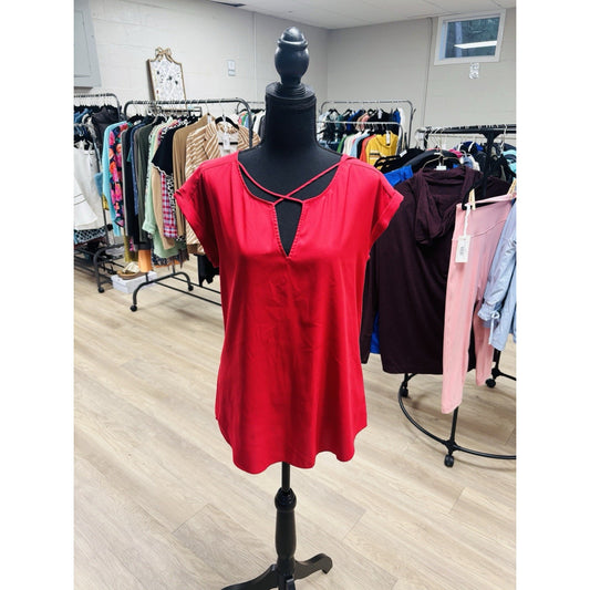 Express Top Womens Size M Red Short Cuffed Sleeves Criss Cross V-Neck Blouse