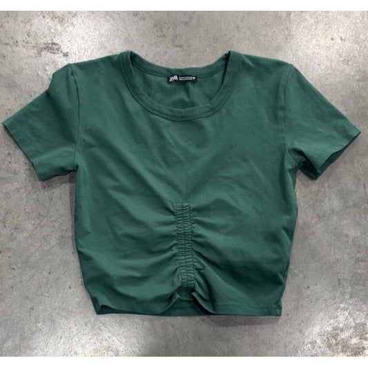 Zara Green Crew Neck Shirt With Rouching  Size Medium