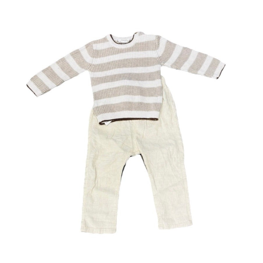 Mayoral Baby Boy Cream And Brown Stripe Sweater H&M Linen Pants Size 12M
