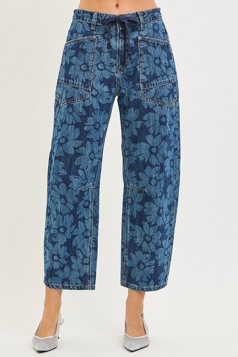 Risen Slouchy Cropped Barrel Jeans in Floral Print