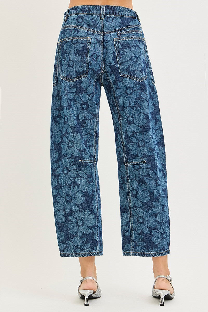 Risen Slouchy Cropped Barrel Jeans in Floral Print