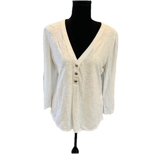 White House Black Market White 3/4 Sleeve Henley Tee Large Stretch Minimalist