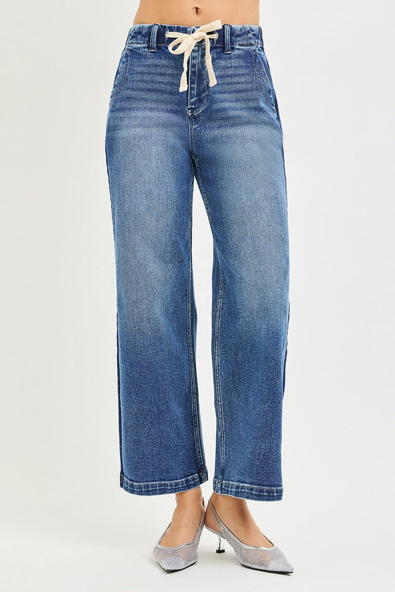 Risen Tummy Control High Rise Crop Wide Pants with Wide Cuffed Hem