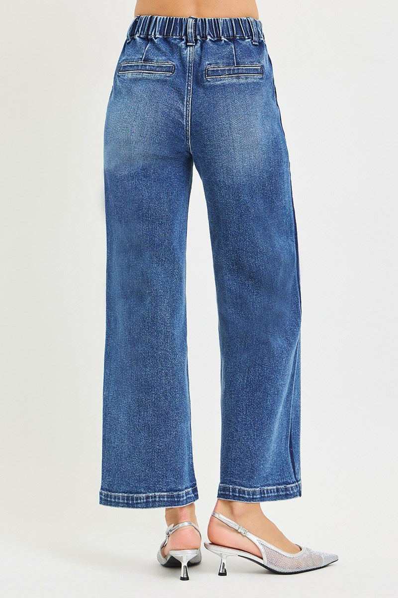 Risen Tummy Control High Rise Crop Wide Pants with Wide Cuffed Hem