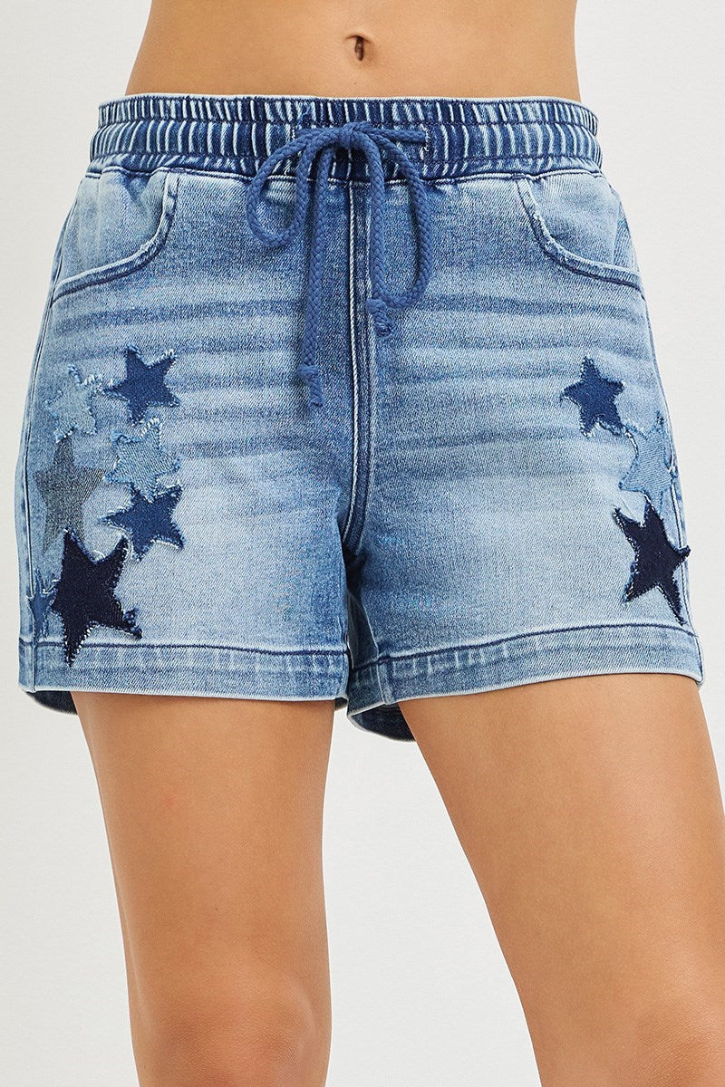 Risen Elastic Band Slouchy Shorts with Star Patched Details