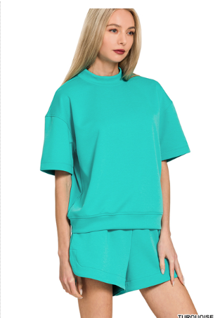 Zenana Scuba high neck top & dolphin shorts set Turquoise