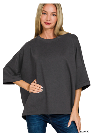 Zenana Scuba round neck top with side slits Black
