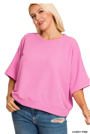 Zenana Plus double knit banded bottom short sleeve top in Pink