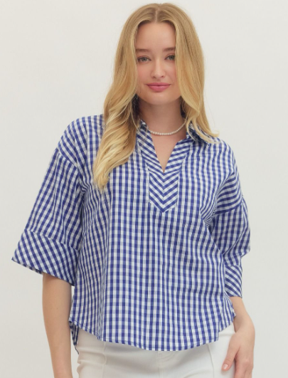 Entro Gingham Print 3/4 sleeve v-neck and pointed collar in Blue