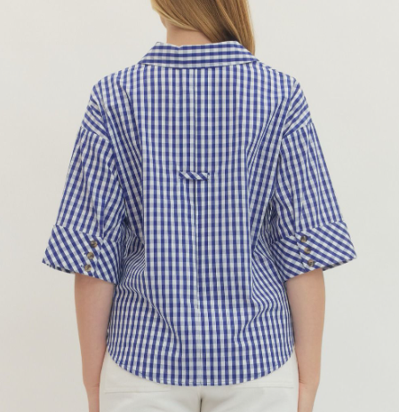 Entro Gingham Print 3/4 sleeve v-neck and pointed collar in Blue