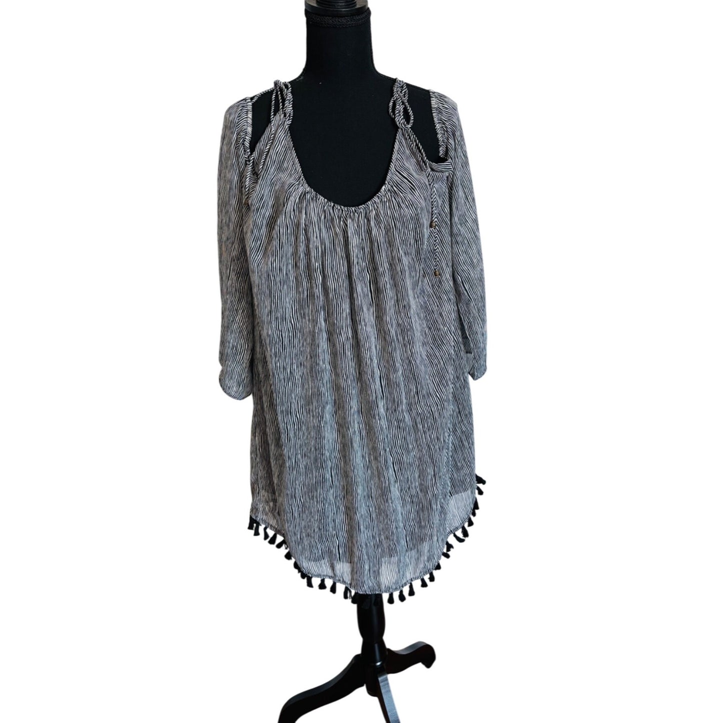 Heartloom Womens Zebra Stripe Tassel Trim Cold Shoulder Dress Size L