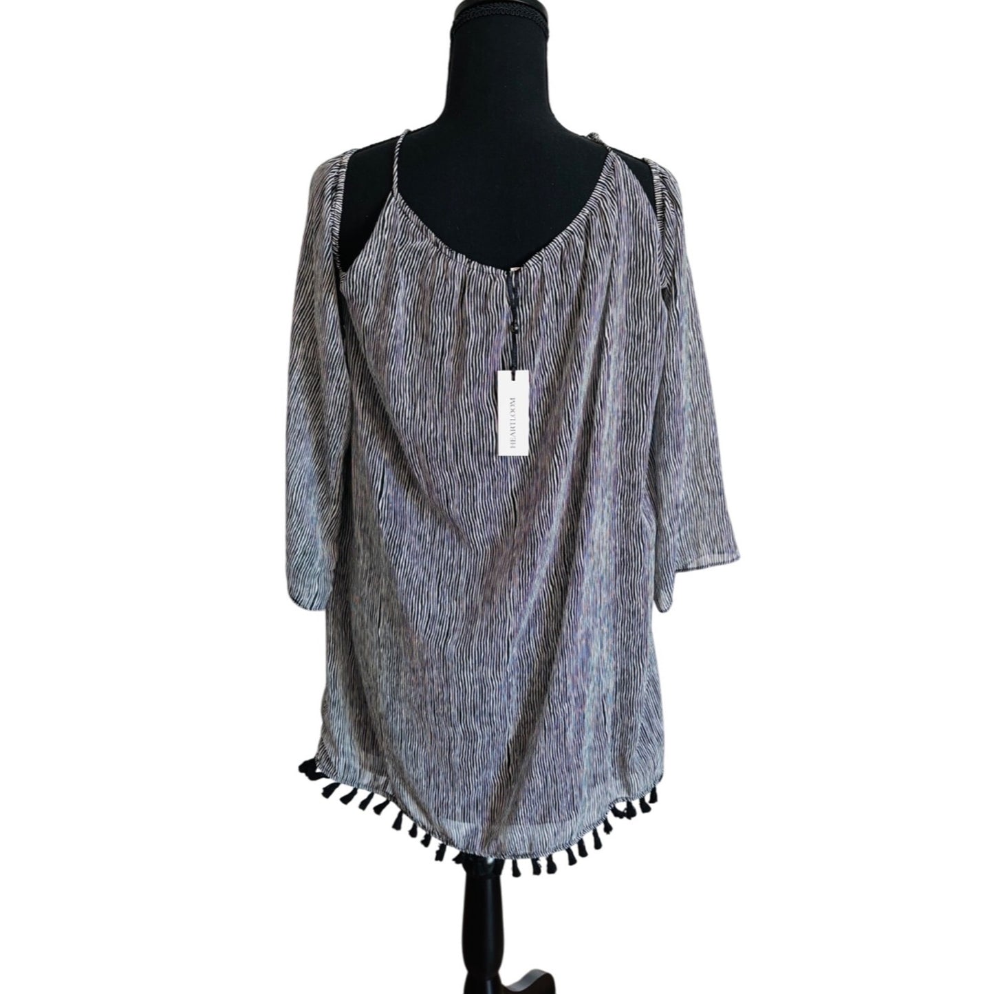 Heartloom Womens Zebra Stripe Tassel Trim Cold Shoulder Dress Size L