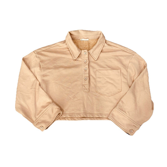 Cropped Tan Button Up Collared Sweatshirt Size L