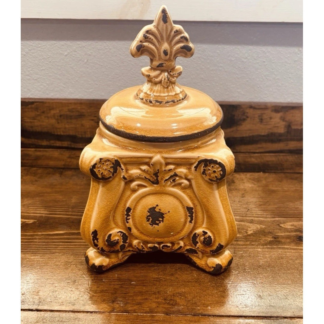 Small Mustard Covered Decorative Canister 10 Inches