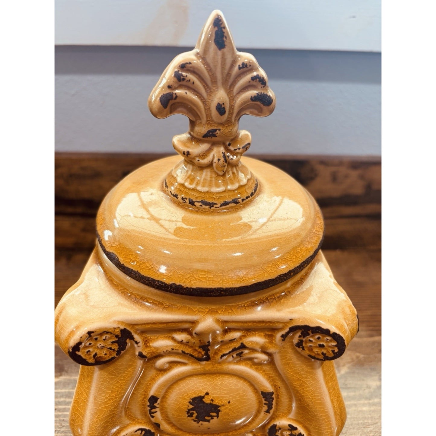 Small Mustard Covered Decorative Canister 10 Inches