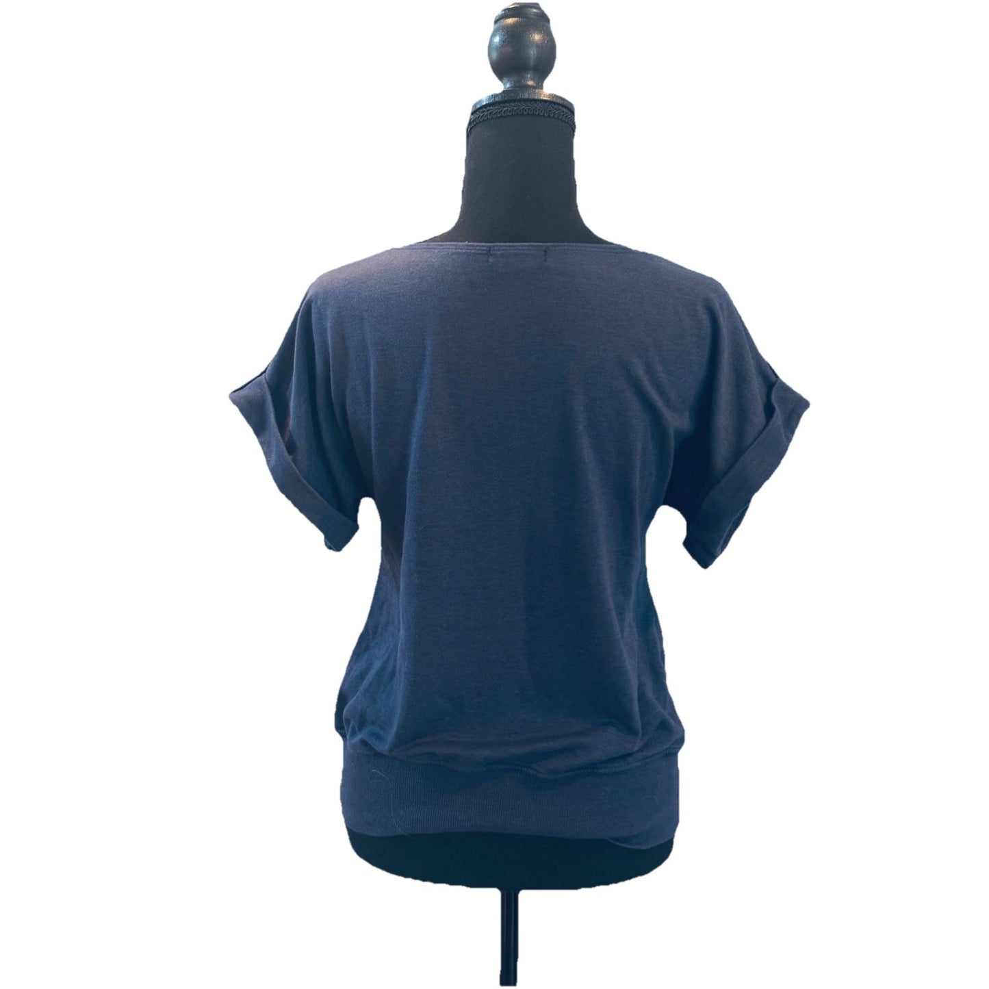 Miss Chevious Woman’s Size Top Short Sleeve Button Cinched Waist Navy Blue SizeM